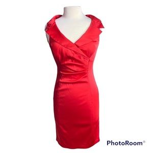 Kay Unger Evening Dress Fitted Tight Red Zippered Back Ruched Front Size 4